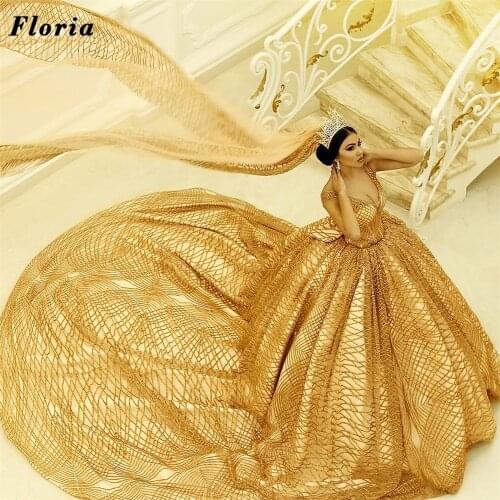 Haute Dubai Couture Wedding Dresses Customized Gold Sequins Beaded Wedding Bridal Gowns Vestido De Noiva 2021 Arabic Bride Dress