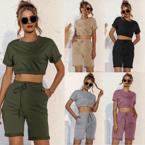 Women Casual Sets Tracksuit Two Piece Shorts Sleeve Crop Tops T Shirt Pocket Biker Shorts 2 Piece Plus Size Outfits Sportswear