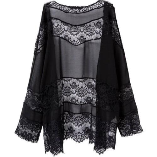 Women Beach Cover-ups Black Lace Crochet Long Sleeve Cardigan Women Clothing Casual Summer Beach Cover Up Kimono Shawl