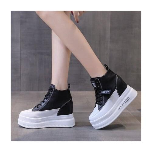 Womens High Top Autumn PU Leather Shoes Woman Platform Height Increased Sneakers 7.5 CM Thick Sole Wedges White Black Boots