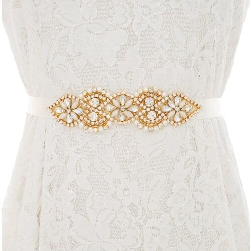 SESTHFAR Rhinestones Stain Pearls Bridal Belt Dazzling Wedding Belt Gold Crystal Bridal Sash For Wedding Decoration