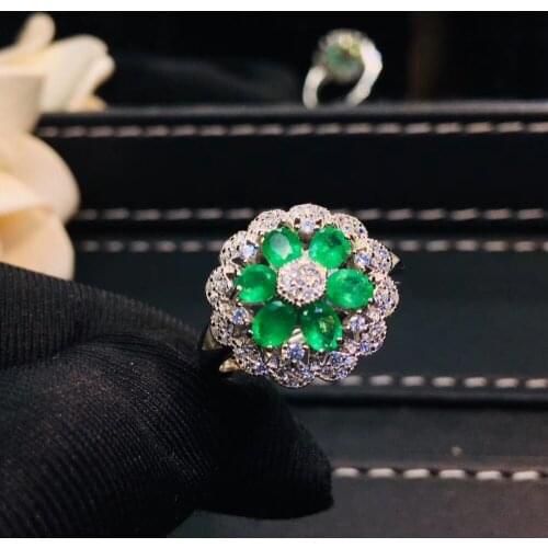 Natural green emerald stone Ring Natural gemstone ring S925 silver Luxurious big Sun flower round women party gift fine Jewelry