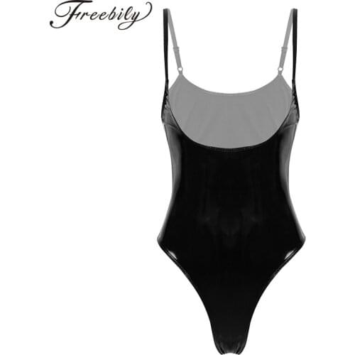 Womens Ladies Wetlook Bodycon Leather Latex Lingerie Body Catsuit Spaghetti Straps Open Breast Sexy Teddies High Cut Bodysuit