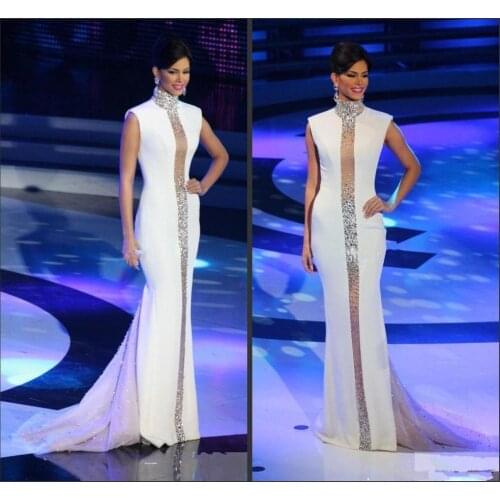 Miss Universe Pageant Evening Dresses White High Neck Bling Crystals Cap Sleeve Tulle Mermaid Cheap 2020 Celebrity Gowns Formal