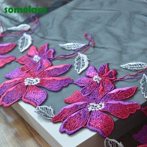 2Yds/lot 20cm Wide Black Gazue Red Rose Mixed Floral Embroidery High Quality Lace Trim For Garments And Wedding Decorati