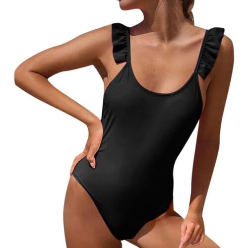 2021 New Backless Black Monokini Women Fashion Ruffles Straps Swimsuit Holiday Beach Sleeveless Tankini Bathing Suit Swimwear