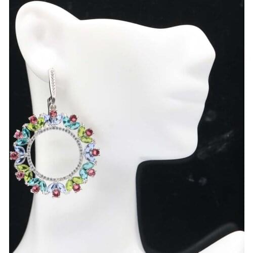 37x12mm SheCrown Hot Sell Created Green Emerald Pink Tourmaline CZ Gift For Sister Silver Earrings