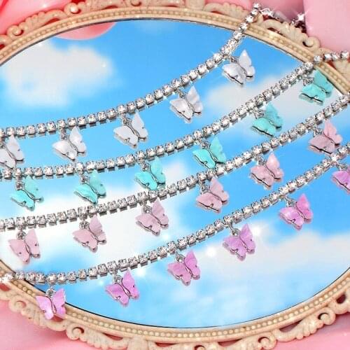 7pcs Acrylic Butterfly Tennis Chain Choker Necklace for Women Luxury Crystal Silver Color Necklace New Design Jewelry Gift