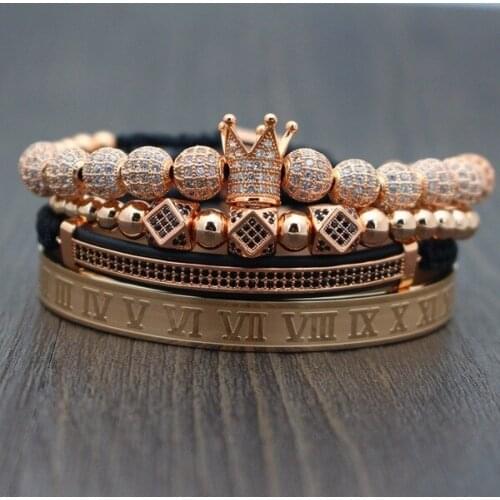 Free Dropshipping 4pcs Luxury Micro Inlays Pave Setting Zircon CZ Crown Stainless Steel Bead Father Gift Men Jewelry Bracelets