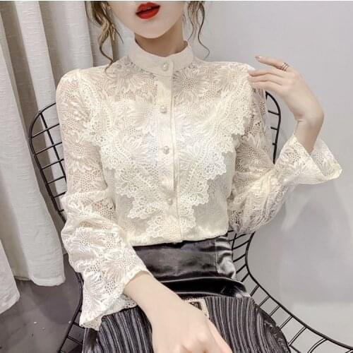 Blouse Women Lace Womens Long Sleeve St Collar Shirt Bell Sleeve Top Blusas Mujer De Moda