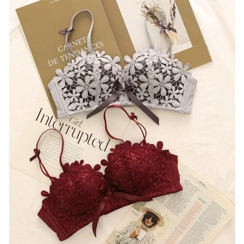 Wasteheart Women Fashion Red Gray Bras Push Up Bow Wireless Lace Padded Bra Lingerie Bralette Underwear Cup A B Female Bras
