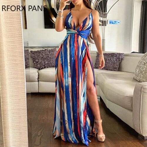 Women Striped Print Colorblock High Slit Maxi Dress Sexy Paty Dress for Women Dress 2021