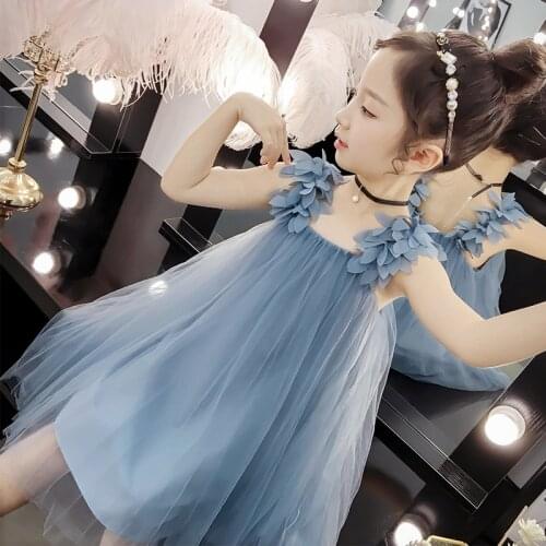 Elegant Summer Blue Girls Kids Dresses White 12 Years Old Casual Clothing