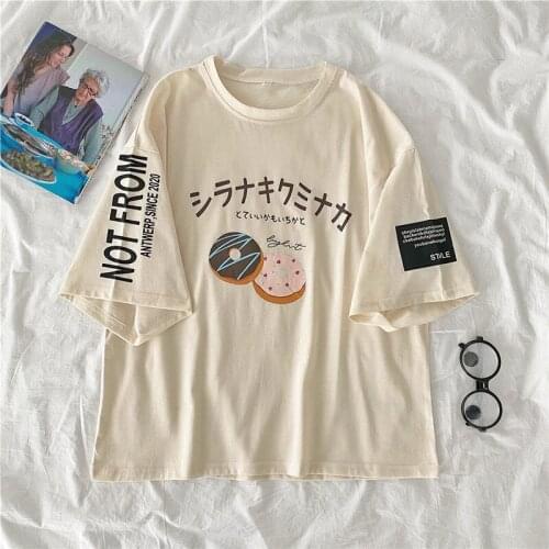 Summer t-shirt harajuku Japanese letter printed T Shirt for Women cotton Oversized Casual Loose tops Korean O Neck woman tshirts