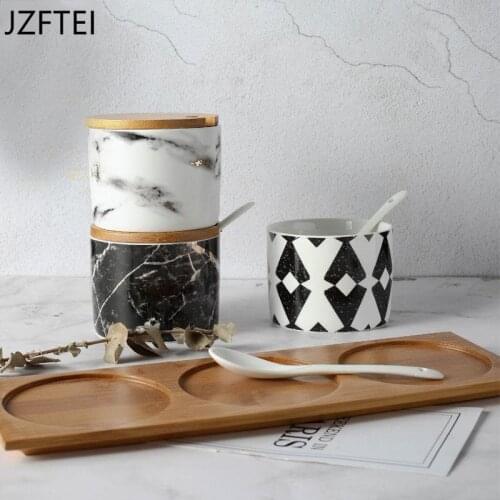 Pattern Ceramic Marble Spice Container Jar Suit Spice Box Three Suit Pieces Kitchen Storage Home Decorations With Spoon Lid