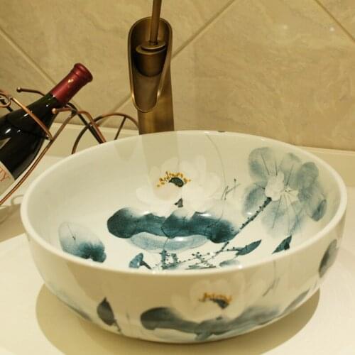 Chinese Handicraft Traditional Ink Painting Lotus Art Countertop Toilet Basin