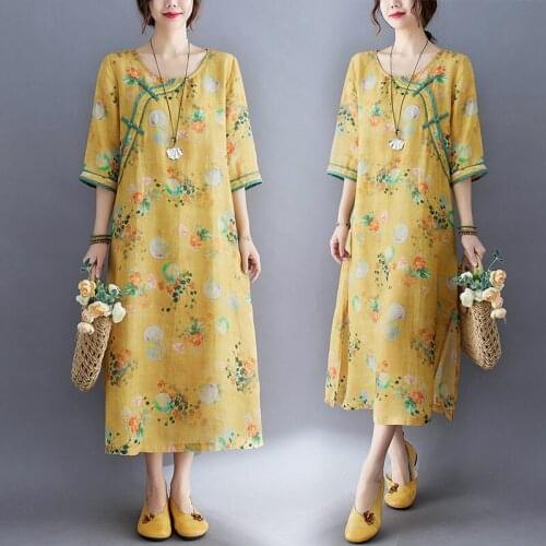 Chinese Style Improved Cheongsam Dress New 2021 Women Summer Casual Loose Fashion Print Diagonal Placket Cotton And Linen Dress