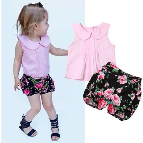 Emmababy 2019 Toddler Kids Baby Girl tank Fold Solid top match Floral shorts Summer Sleeveless 2PCS infant girl Clothes 0-24M