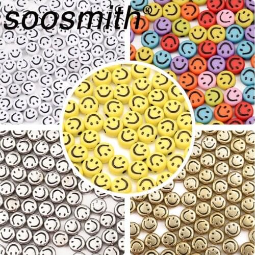 Fashion ABS Acrylic Beads, Charm Flat Round Smiley Bead, Loose Spacer Beads For Jewelry Making DIY Necklace Bracelet Wholesale