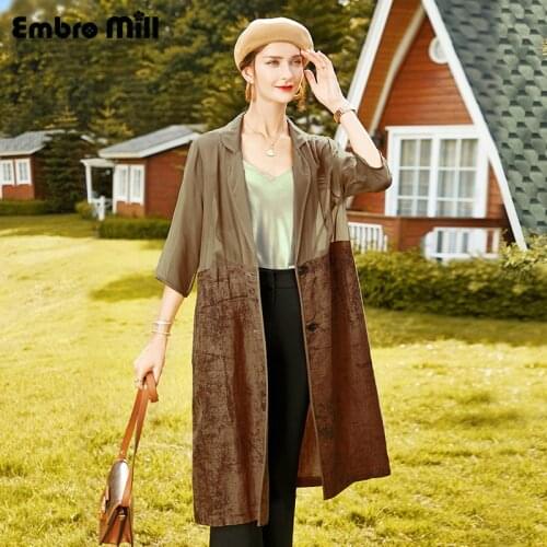 New Autumn Silk Splice Mid-Length Coat Street Style Three-Quarter Sleeve Single-Breasted Casual Coat S-XL