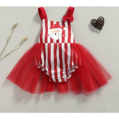 Newborn Christmas Tulle Romper For Baby Girls Color Block Stripe Santa Claus Print Playsuit Dress with Bowknot Cotton Outfits