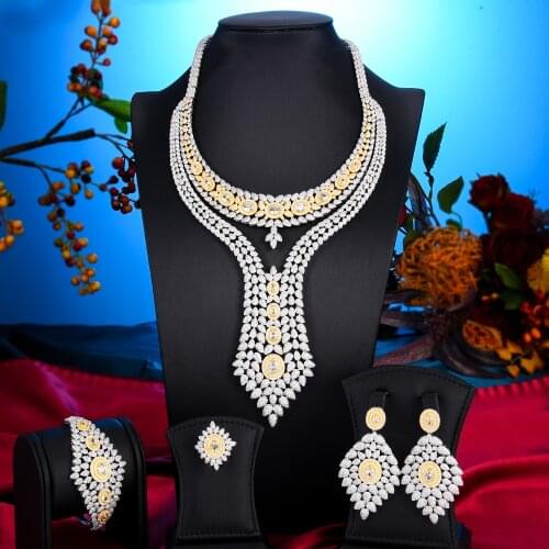Luxury Emeralds Romantic Dubai 4PCS Necklace Earring Bangle Ring jewelry Sets for women Wedding Indian Bridal Jewelry Sets Gift