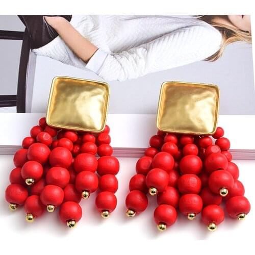 Statement Long Wooden Round Beaded Chain Drop Earrings High-Quality Fashion Trend Jewelry Accessories For Women Wholesale