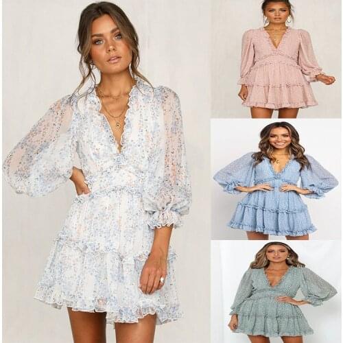 Echoine Autumn Long Sleeve Chiffon Print Mini Dress Elegant Sexy Backless Dresses Vintage Ruffle Puff Sleeve Robe Beach Holidays