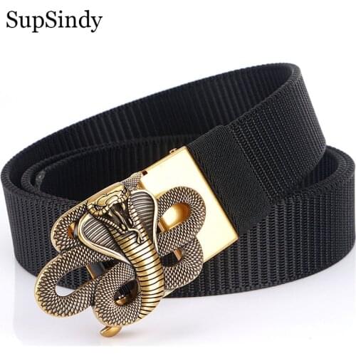SupSindy Mans nylon belt luxury gold Cobra metal automatic buckle Canvas Belts for men fashion jeans Waistband black male strap
