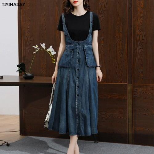 TIYIHAILEY 2021 Free Shipping Vintage Women Long Mid-Calf Summer Denim S-XL Single-Breasted Sleeveless Dress With Big Pockets