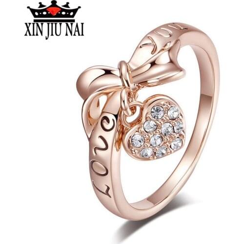 Heart shape and bow engraved with "love you" letters inlaid with Austrian crystal elegant womens jewelry Valentines Day gift