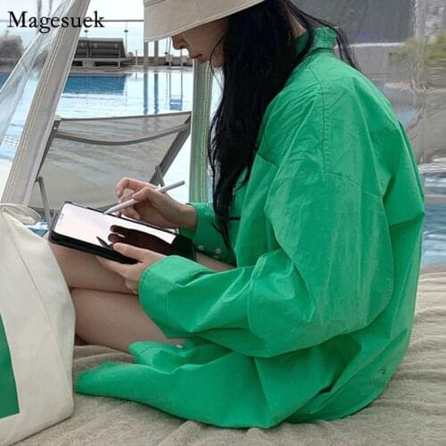 2021 Summer Autumn Button Shirt Korean Chic Light Green Shirt Coats Women Loose Casual Blouse Turn-down Collar Blouse New 15161