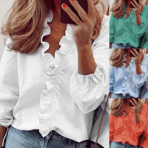 Lotus leaf stitching Ruffle Womens Blouse Long lantern Sleeve White Cotton Casual Tops Female Autumn Summer Frill Shirt 2021