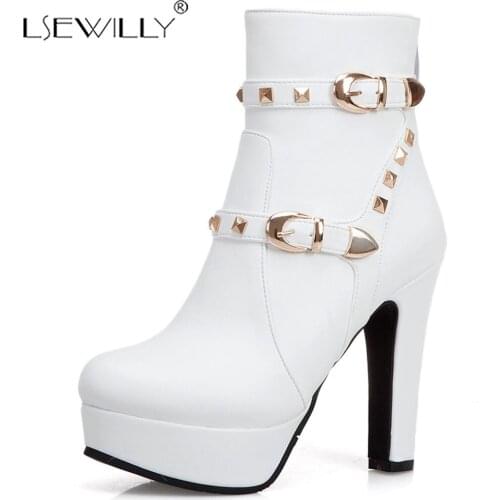Lsewilly punk rivets platforms PU leather short boots for women ladies round toe thick heels buckle motorcycle ankle boots K107