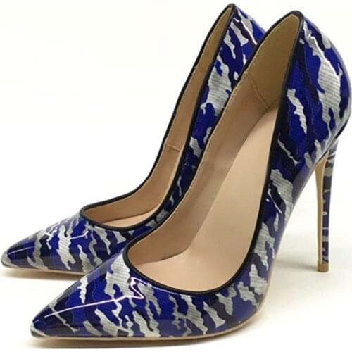 New womens shoes colorful graffiti celebrity pointed high heels 12cm blue camouflage single shoes banquet shoes QP122 ROVICIYA