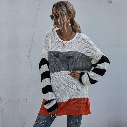 Striped Women Loose Long Sweater Knit Dress Outdoor Sweaters Top Batwing Sleeve Contrast Color Fashion Casual 2020 Winter Lady