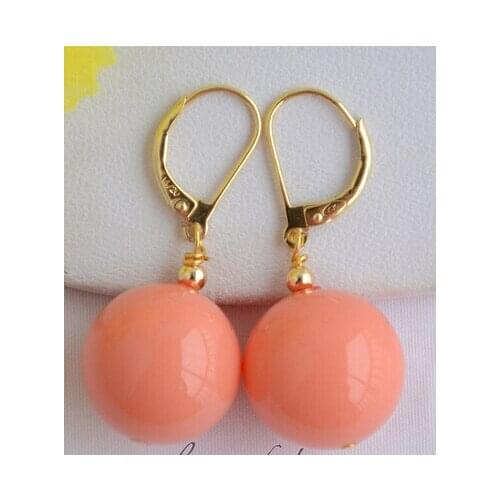 16MM ROUND PINK CORAL SOUTH SEA SHELL PEARL DANGLE EARRING (Z6543)>Lovely Fine Nobility Ladys Womens Earrings
