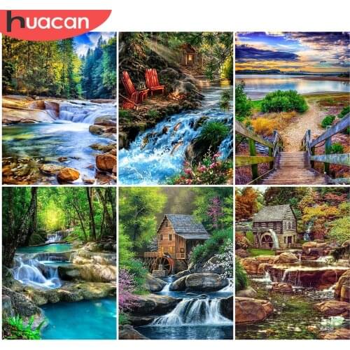 HUACAN 5D Diamond Painting Waterfall Full Square Round Drill Diamond Embroidery Landscape Mosaic House Needlework Handmade Gift