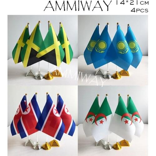 AMMIWAY 14x21cm 4pcs Jamaica Jamaican Kazakhstan Country Desk Flag North Korea Korean Algeria Table Flag with Plastic Base Stand