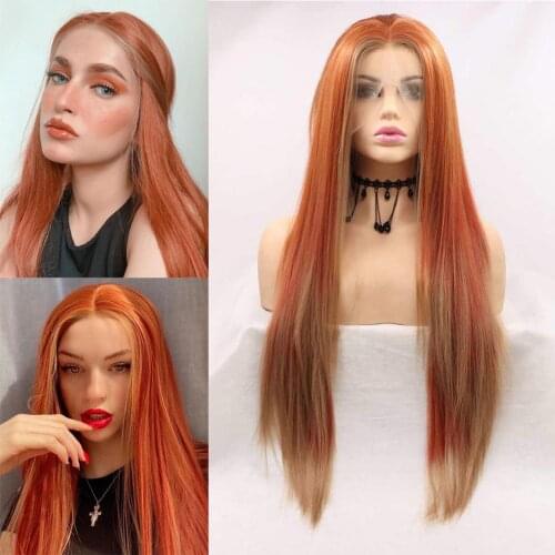 Long Orange Lace Front Wigs Mix Brown 2 Color Wigs 24 Inch Glueless Straight Really Soft Synthetic Hair with Natural Hairline
