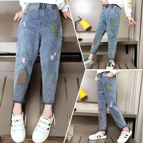 Baby Girls Jeans Boy Jeans Pants For Girls Elastic Waist Kids Jeans With Hole Autumn Novelty Clothes For Infant Girls