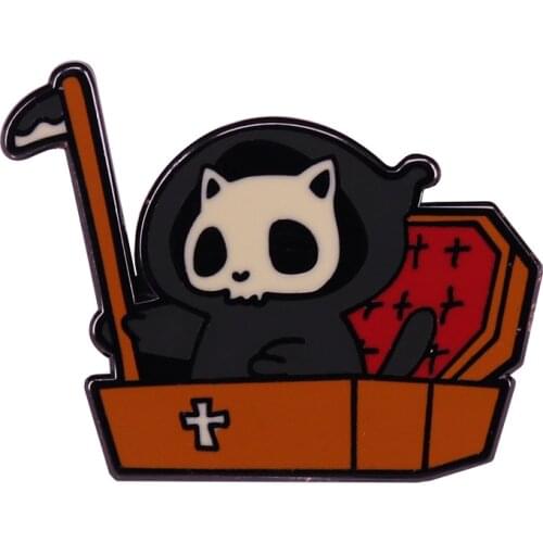 An Coffin Cat holding a scythe enamel pin skull face death ghost badge
