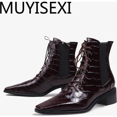 4cm med heel square toe grid genuine leather winter shoes stone patterns pure color keep warm classic lady boots HL291 MUYISEXI