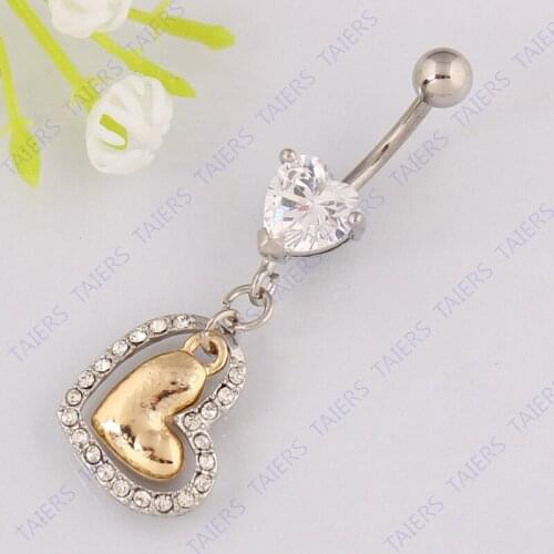 Heart Zircon belly ring body piercingn Navel jewelry Retail 14G 316L surgical steel bar Free shipping Nickel-free