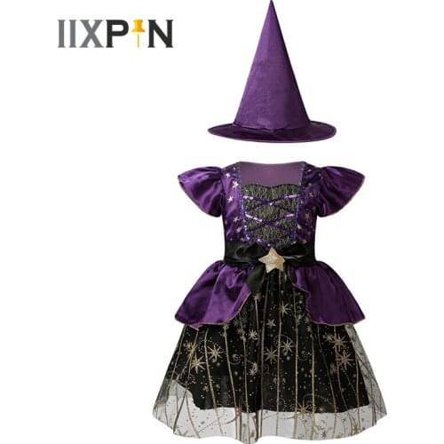 Kids Girls Halloween Witch Cosplay Costume Shiny Sequined Gilttering Stars Tutu Dress with Pointed Hat Halloween Stage show