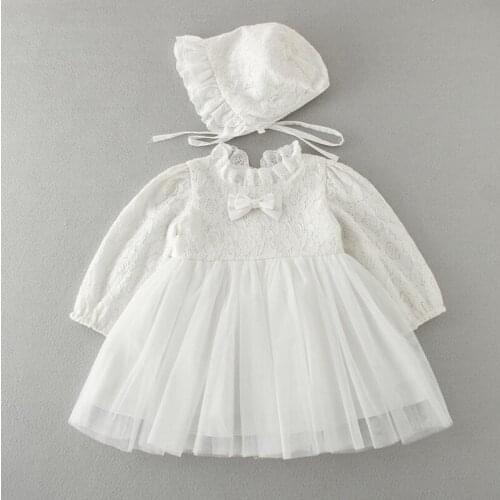 Lace Bow Baby Girls Dress Long Sleeve Kids First Birthday Ball Gown Infant Dresses for Baptism Bridesmaid Party Hat 3-24 months