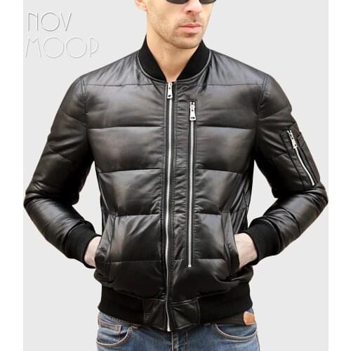 Men winter warm black genuine leather real lambskin duck down bomber jackets coats plus size jaqueta de couro deri ceket LT2446