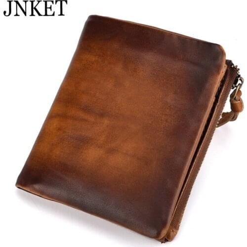 JNKET Retro Mens Wallet Cow Leather Clutch Wallet Zippers Wallet Coins Purse Card Holder Short Wallet Notecase