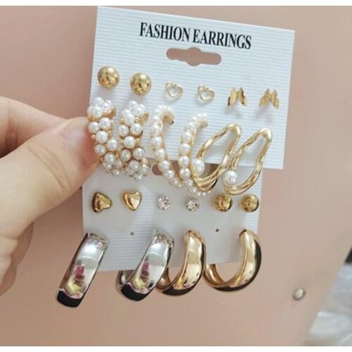 New Big Hoop Pearl Earring Set Fashion Gold Metal Earing Butterfly Circle Geometric Vintage Earring for Women Jewelry 2021
