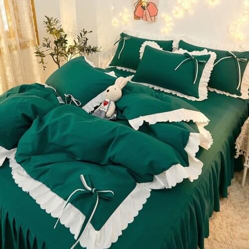 New Product Update Green Bedding Set 4Pcs White Lace Duvet Cover Bed Skirt Pillow Case Queen King Home Decor Textile